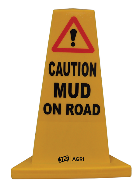 Traffic cone by JFC Agri, yellow heavy-duty unit displaying CAUTION MUD ON ROAD message