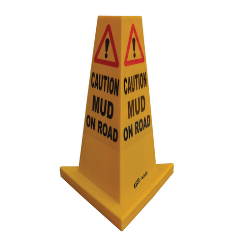 JFC Agri traffic cone, yellow heavy-duty with CAUTION MUD ON ROAD text and warning icons; JFC Agri logo visible.