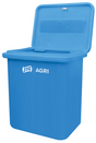 JFC Agri AI Storage Bin in light blue plastic with open lid and lockable latch, AI equipment storage for agriculture.
