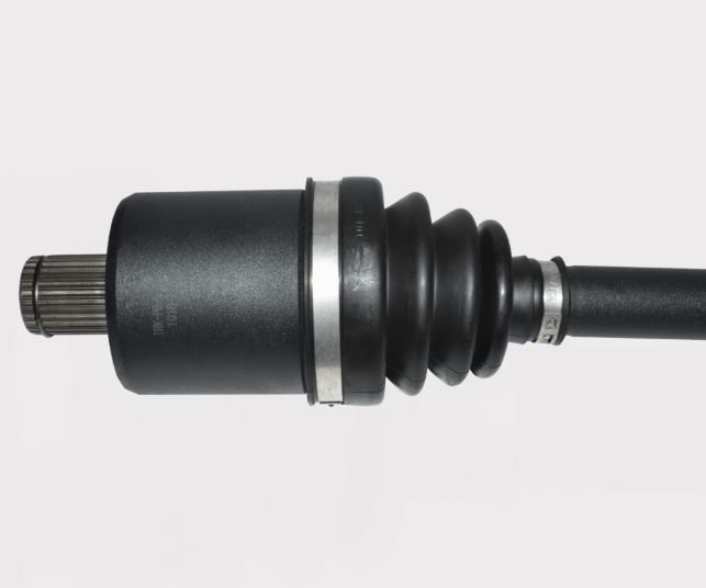 Polaris RZR XP/XP4 Turbo rear CV driveshaft with black housing, ribbed boot, steel clamp, and splined end