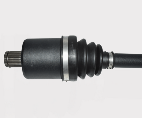 Polaris RZR XP/XP4 Turbo rear CV driveshaft with black housing, ribbed boot, steel clamp, and splined end