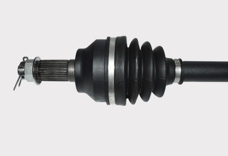 CV driveshaft with black rubber boot and metal spline end