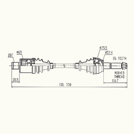 Polaris Sportsman rear CV driveshaft by Hyper, complete shaft for 2014–2017 325/450/570/Hawkeye; technical drawing