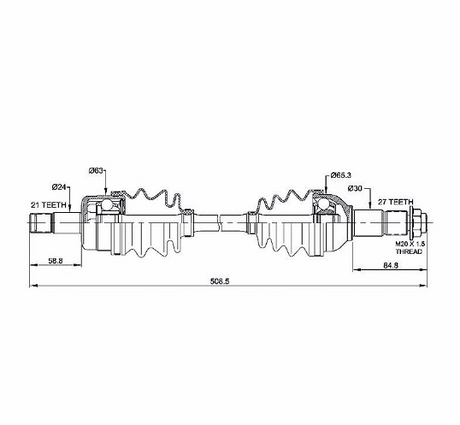 Hyper front CV driveshaft for Yamaha Grizzly 550/700 (YFM550/YFM700), dimensioned technical drawing.