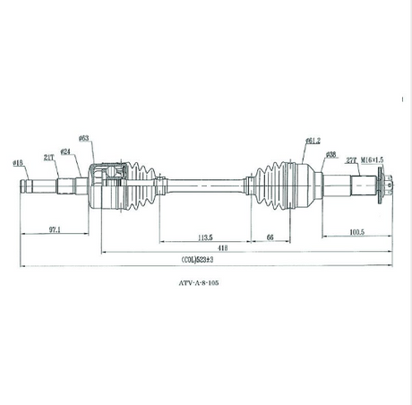 Hyper CV shaft complete front-left driveshaft diagram line drawing for Yamaha YFM 350/450 Grizzly (2012–2014)