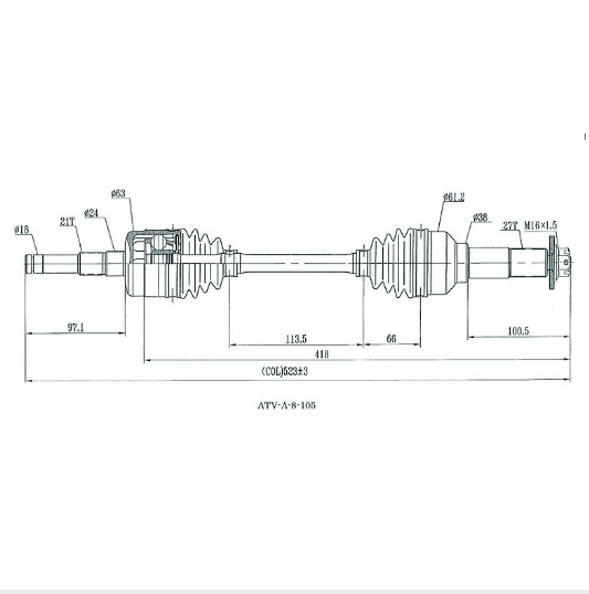 Hyper front CV driveshaft for Yamaha YFM quad models (2003–2011) – blueprint-style line drawing