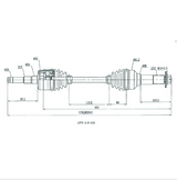 Hyper front CV driveshaft for Yamaha YFM quad models (2003–2011) – blueprint-style line drawing