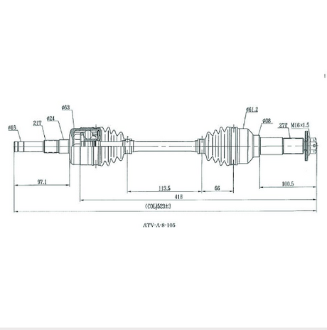 Hyper front CV driveshaft for Yamaha YFM quad models (2003–2011) – blueprint-style line drawing