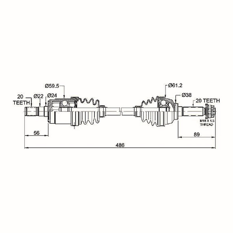 Hyper CV Shaft Complete – Front Left drive axle for Suzuki KingQuad 400 LT-A400F/LT-F400F 4WD; dimensional diagram