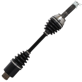 CV driveshaft rear for Polaris Sportsman, black shaft with ribbed rubber boots and metal joints