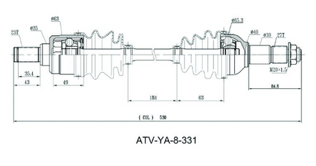 Hyper CV driveshaft rear for Yamaha Grizzly 550/700 and Kodiak 450 ATVs (2007–2021) – technical diagram