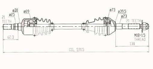 Front CV driveshaft, complete, dimensioned schematic for RTV900/RTV1100/RTV1140