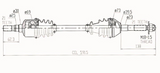 Front CV driveshaft, complete, dimensioned schematic for RTV900/RTV1100/RTV1140