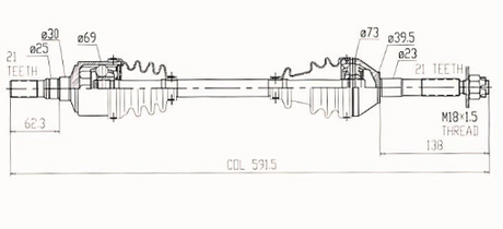 Front CV driveshaft, complete, dimensioned schematic for RTV900/RTV1100/RTV1140