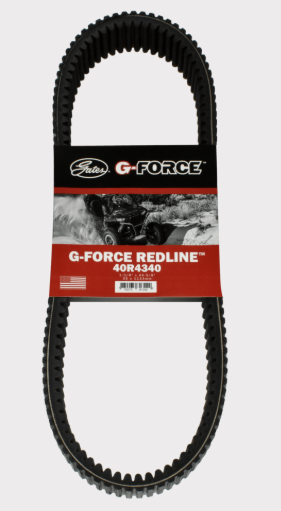 Gates G-Force Redline CVT drive belt, black rubber belt on red-and-black packaging with G-Force logo.