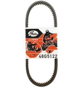 Gates G-Force 48G5122 CVT drive belt on packaging; black ribbed belt with Gates logo.