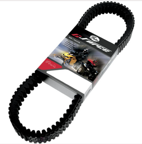 Gates G-Force CVT drive belt, black rubber snowmobile belt with packaging label.