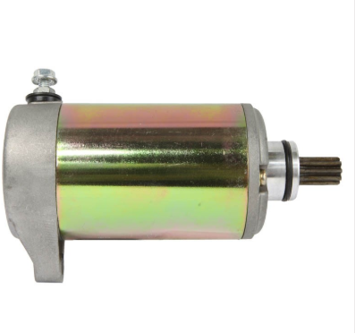 Starter motor with mounting bracket and splined shaft, metallic body