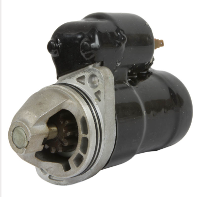 Starter motor with black body and silver gear housing.