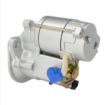 Starter motor, silver metal body with blue plastic connector; agricultural equipment replacement