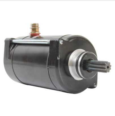 Starter motor for Honda TRX650/TRX680 Rincon and Pioneer 700; black cylindrical unit with splined gear shaft