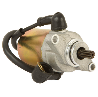 Starter motor for Polaris Outlaw 50, Scrambler 90, Sportsman 90, Predator and E-Ton 90; silver metal housing.