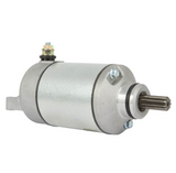 Starter motor for Suzuki DR-Z400/LT-Z400, Kawasaki KFX400/KLX400, Arctic Cat DVX400; silver metal body with splined shaft.
