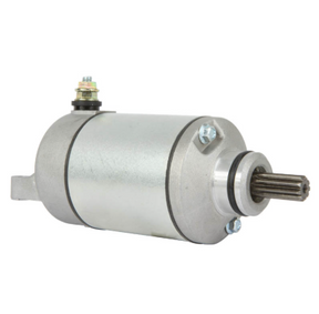 Starter motor for Suzuki DR-Z400/LT-Z400, Kawasaki KFX400/KLX400, Arctic Cat DVX400; silver metal body with splined shaft.
