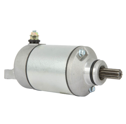 Starter motor for Suzuki DR-Z400/LT-Z400, Kawasaki KFX400/KLX400, Arctic Cat DVX400; silver metal body with splined shaft.
