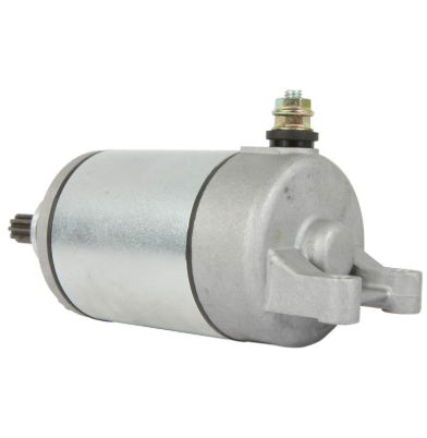 Starter motor for Suzuki DR-Z400/LT-Z400 and Kawasaki KLX/KFX400; silver metal body with top terminal