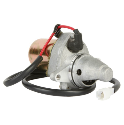 Starter motor for Suzuki LT80 Quadsport / Kawasaki KSF80; silver body with red/black wires and white connector