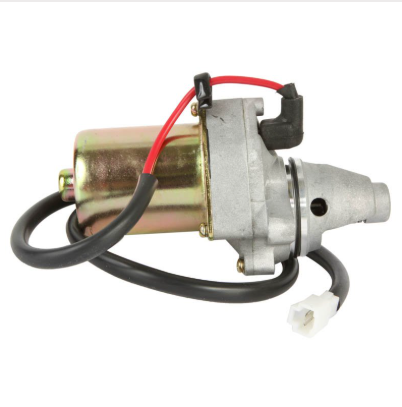 Starter motor for Suzuki LT80 Quadsport / Kawasaki KSF80, DGT Agri, silver metal with gold solenoid and red/black cables