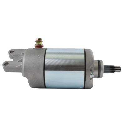 Starter motor for Honda TRX350D Fourtrax, silver housing with blue band, left mounting flange and right splined shaft