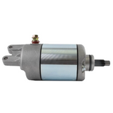Starter motor for Honda TRX350D Fourtrax, silver housing with blue band, left mounting flange and right splined shaft