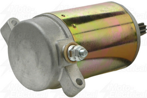 Starter motor for Yamaha ATV, metallic gold housing with silver mounting flange.