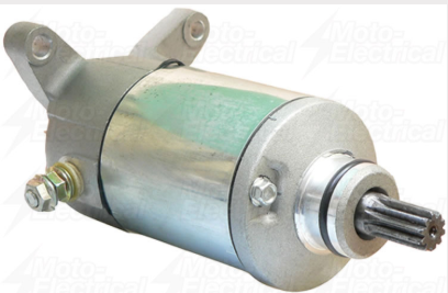 Starter motor by DGT Agri for Suzuki quad bikes; metal silver housing with splined drive shaft