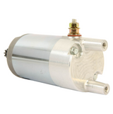 Starter motor for Yamaha Bear Tracker YFM250, Timberwolf YFB250 and Moto-4 YFM200; silver metal housing.