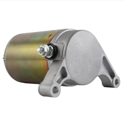 Starter motor by DGT Agri for Yamaha ATV models Raptor 350–Kodiak 400; gold body with silver mounting bracket