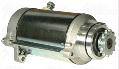 Starter motor by DGT Agri for Kawasaki KLT200/KLT250 and KZ200/KZ250 (1977–1985); black body, silver end housing.