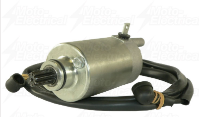Starter motor for Yamaha YFM225/YFM250 Moto-4; silver metal body with black wiring harness and splined shaft.