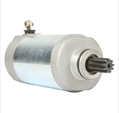 Starter motor for Yamaha YFM225/YFM250 quad bikes, silver metal housing with splined drive shaft.