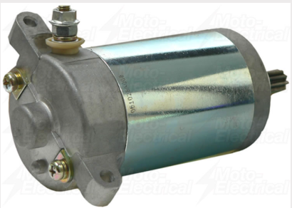 Starter motor by DGT Agri for Kawasaki KLF Bayou ATV; silver cylindrical housing with mounting flange