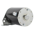 Starter motor, black cylindrical body with silver mounting flange and bolts