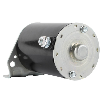 Starter motor, black cylindrical body with silver mounting flange and bolts