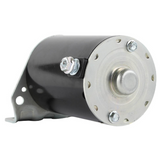 Starter motor, black cylindrical body with silver mounting flange and bolts