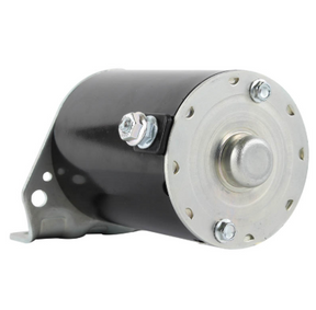 Starter motor, black cylindrical body with silver mounting flange and bolts
