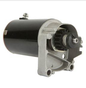 Starter motor for Briggs & Stratton small engine, 12V, 16-tooth gear, black body with silver mounting.
