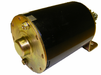 Starter motor by DGT Agri for John Deere and other tractors; black cylindrical body with brass mounting plate