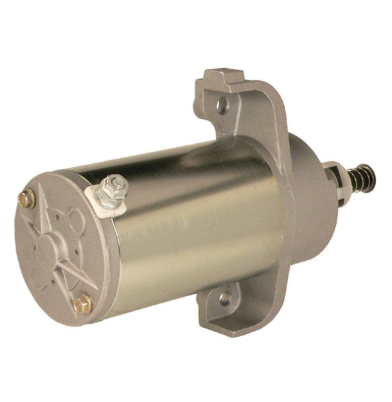 Starter motor with metallic silver body, mounting flange, and exposed shaft.