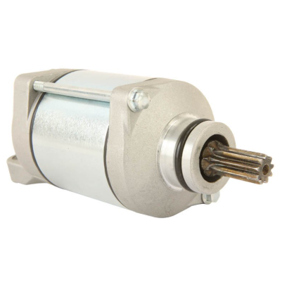Starter motor for Kawasaki KSF450 / KFX450R ATV with silver metal housing and gear on the shaft.